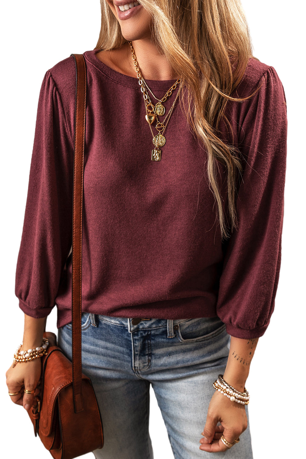 Solid Colour 3/4 Sleeve Round Neck Loose Fit Top | 3 Colour Choices