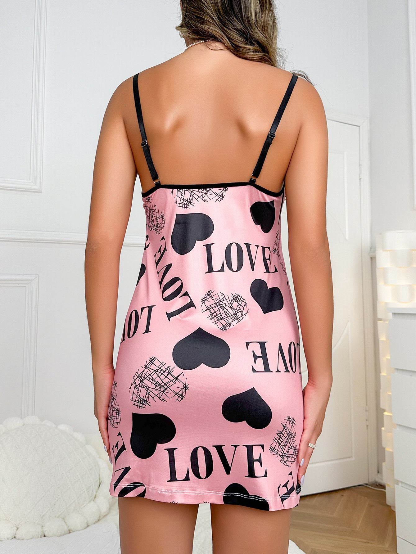 Silky Satin Love-Hearts Chemise Nightdress - Pink & Black