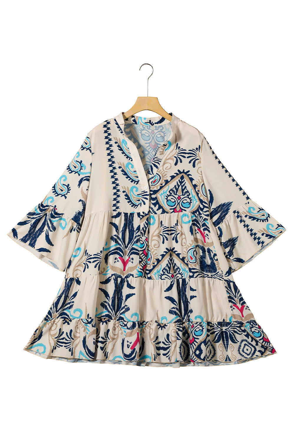 Bohemian Print Bracelet Sleeve Buttoned Mini Summer Dress