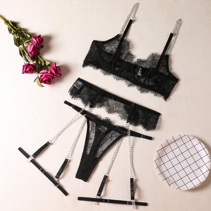 Sexy Black Lace Bra Fashion Metal Chain Garter Underwear Lingerie Set