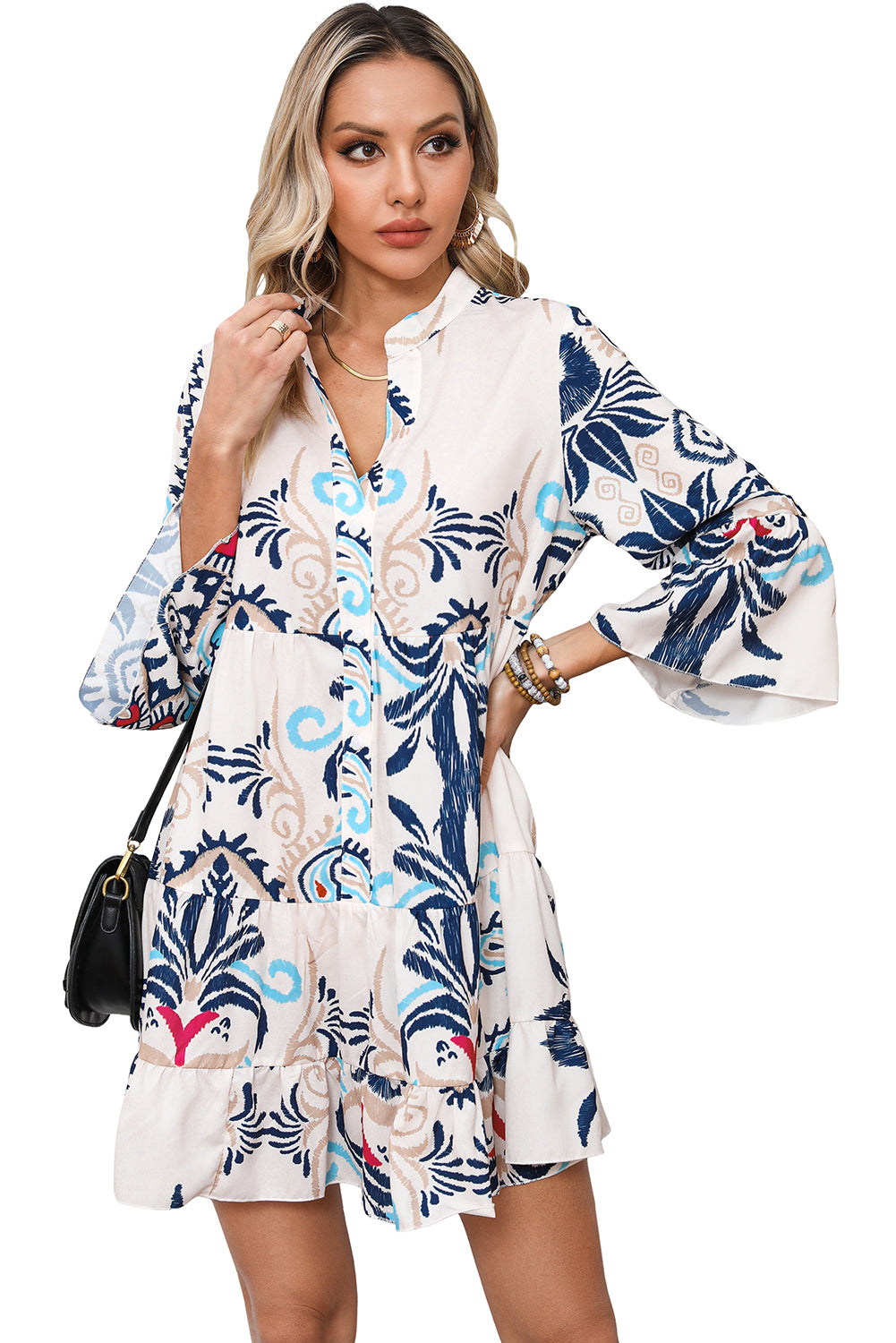 Bohemian Print Bracelet Sleeve Buttoned Mini Summer Dress