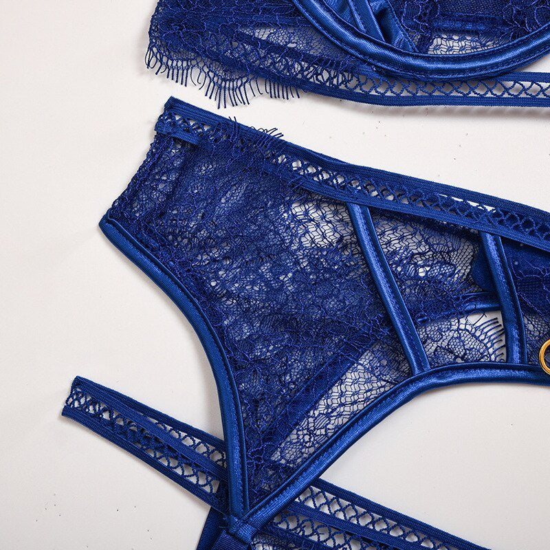 Sexy 3-Piece Blue Lace See Through Lingerie Set, Bra, Knickers and Garter with Ring Detailing