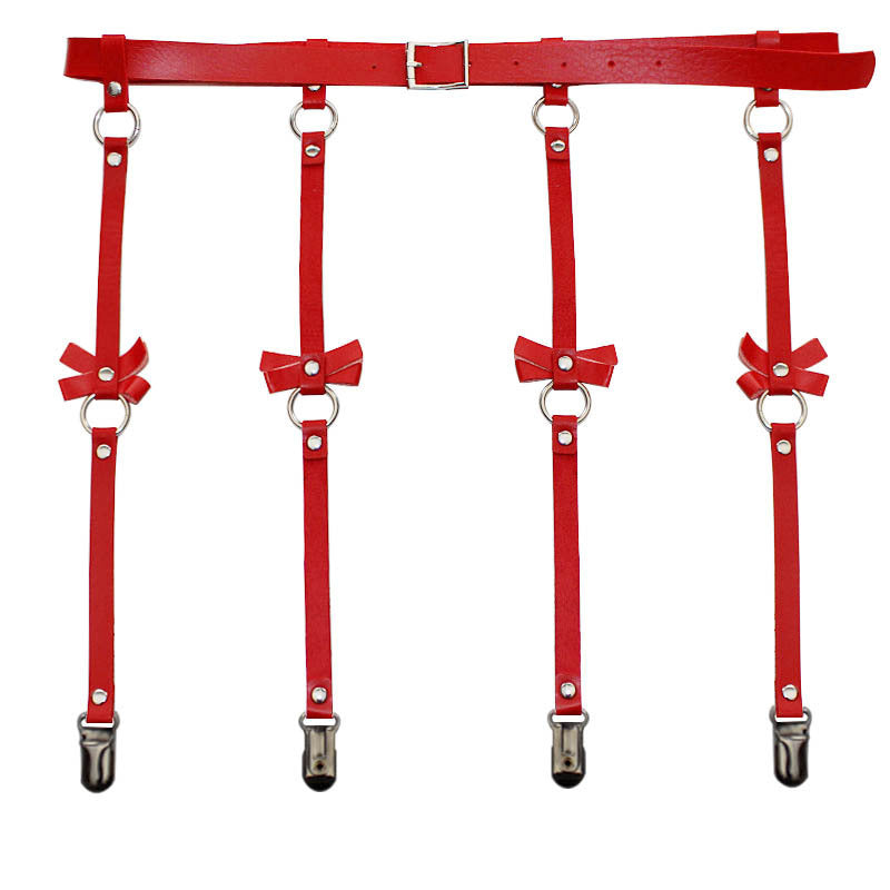 Cross border hot selling personality exaggeration European and American PU leather bow Garter Belt Hip Hop nightclub sexy leg ring hanger clip
