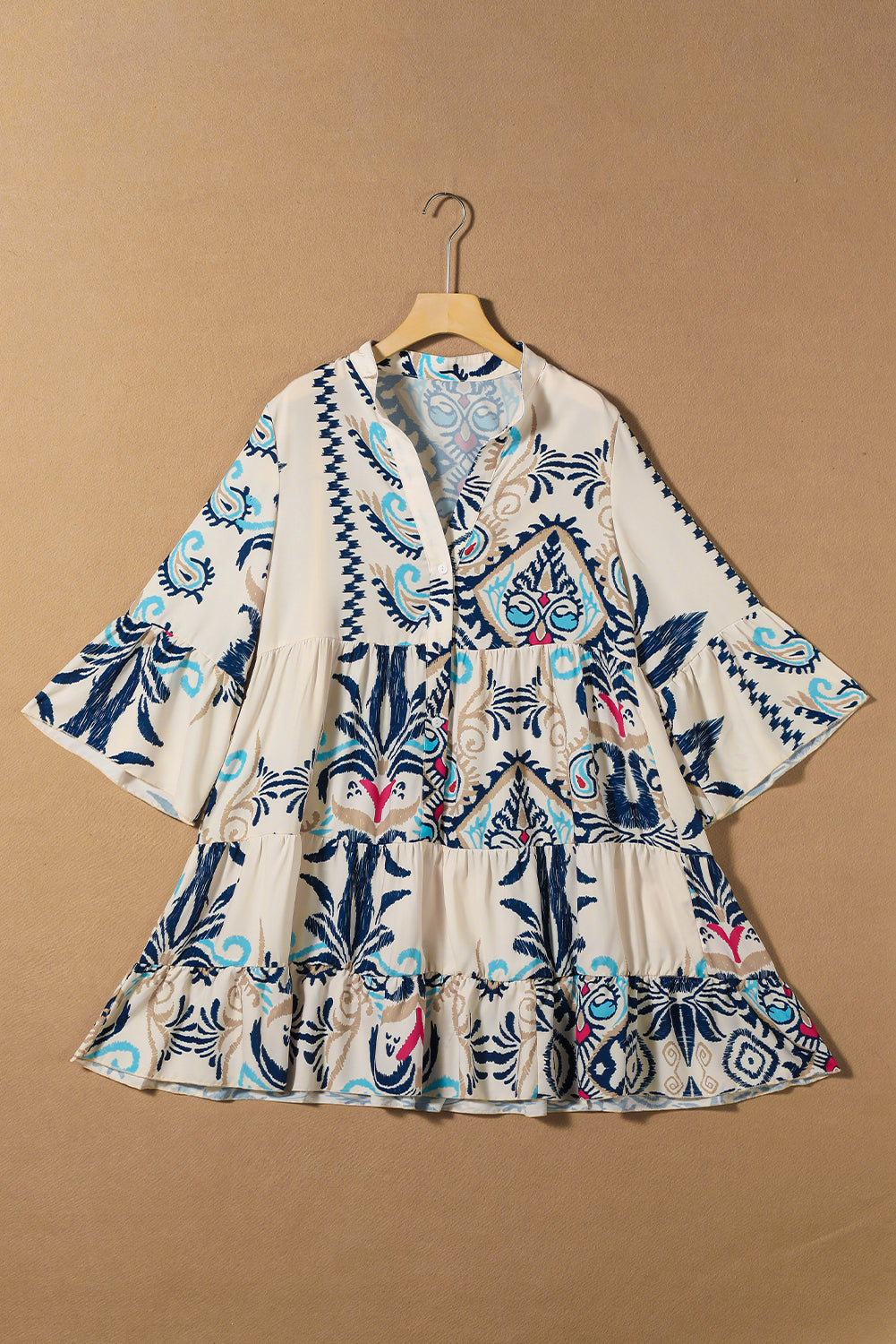 Bohemian Print Bracelet Sleeve Buttoned Mini Summer Dress