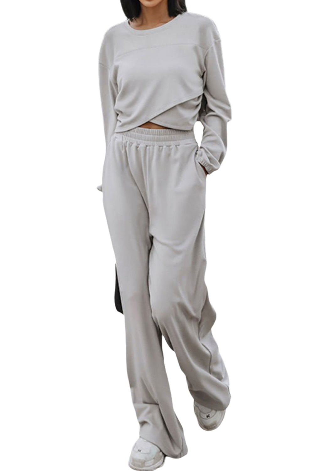 Cotton Blend Light Grey Solid Criss Cross Crop Top and Pants Active Set