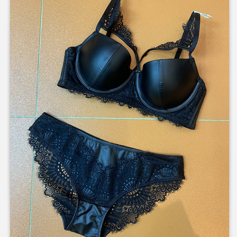 Shimmer & Lace Glossy Leather-Look Bra Set with Matching Knickers