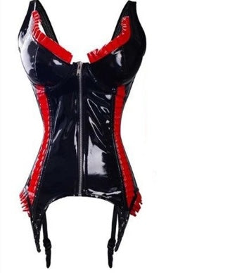 Sexy Black Red Ruffles PVC Latex Corset Panty Thong Set New