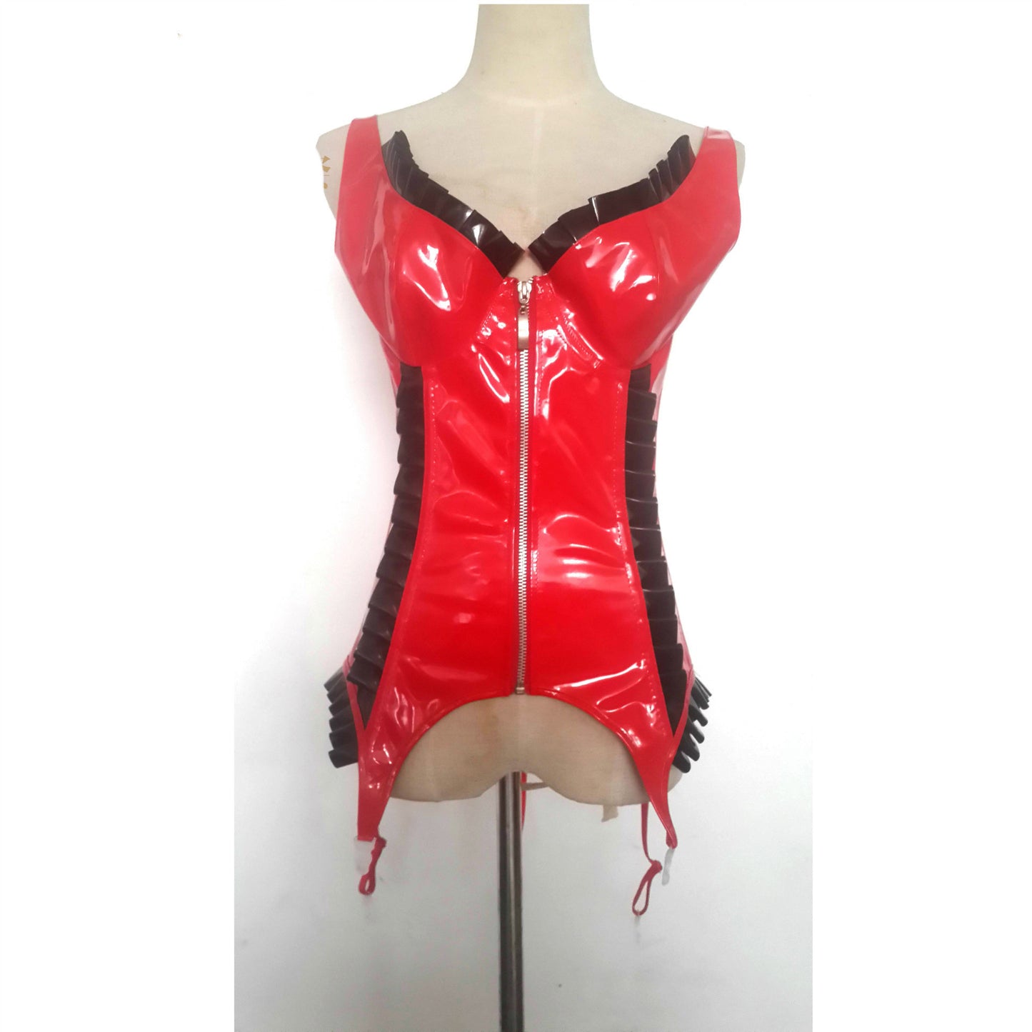 Sexy Black Red Ruffles PVC Latex Corset Panty Thong Set New