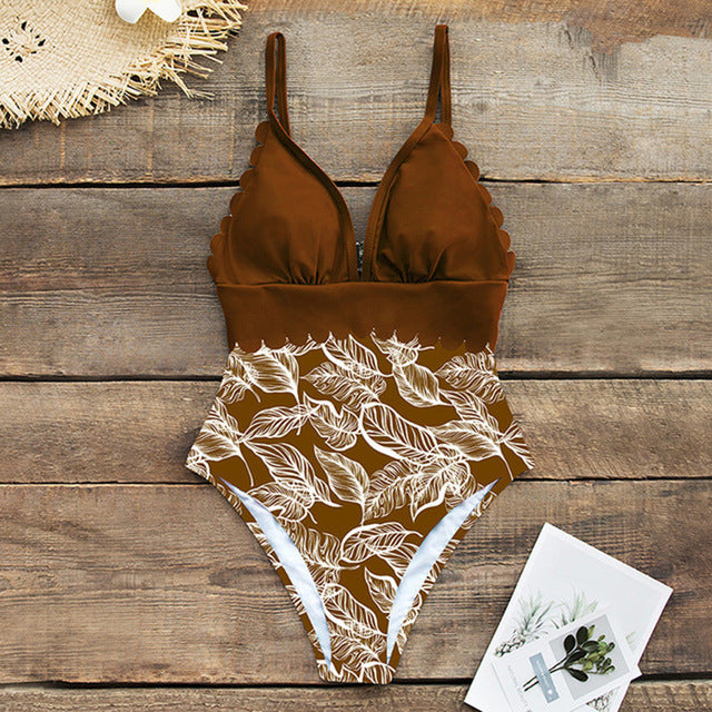 One-Piece Solid Top Colour with Tropical Print Bottoms Swimsuit