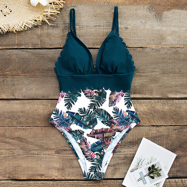 One-Piece Solid Top Colour with Tropical Print Bottoms Swimsuit