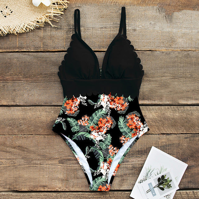One-Piece Solid Top Colour with Tropical Print Bottoms Swimsuit