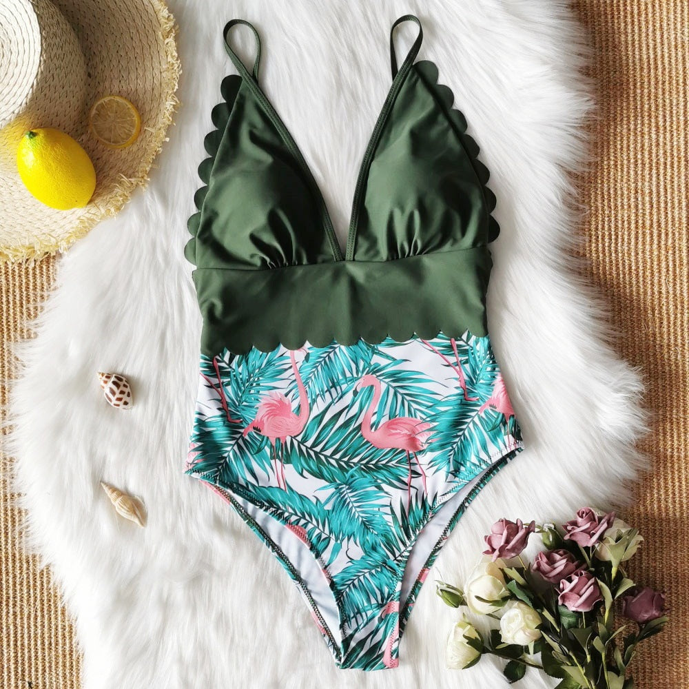 One-Piece Solid Top Colour with Tropical Print Bottoms Swimsuit