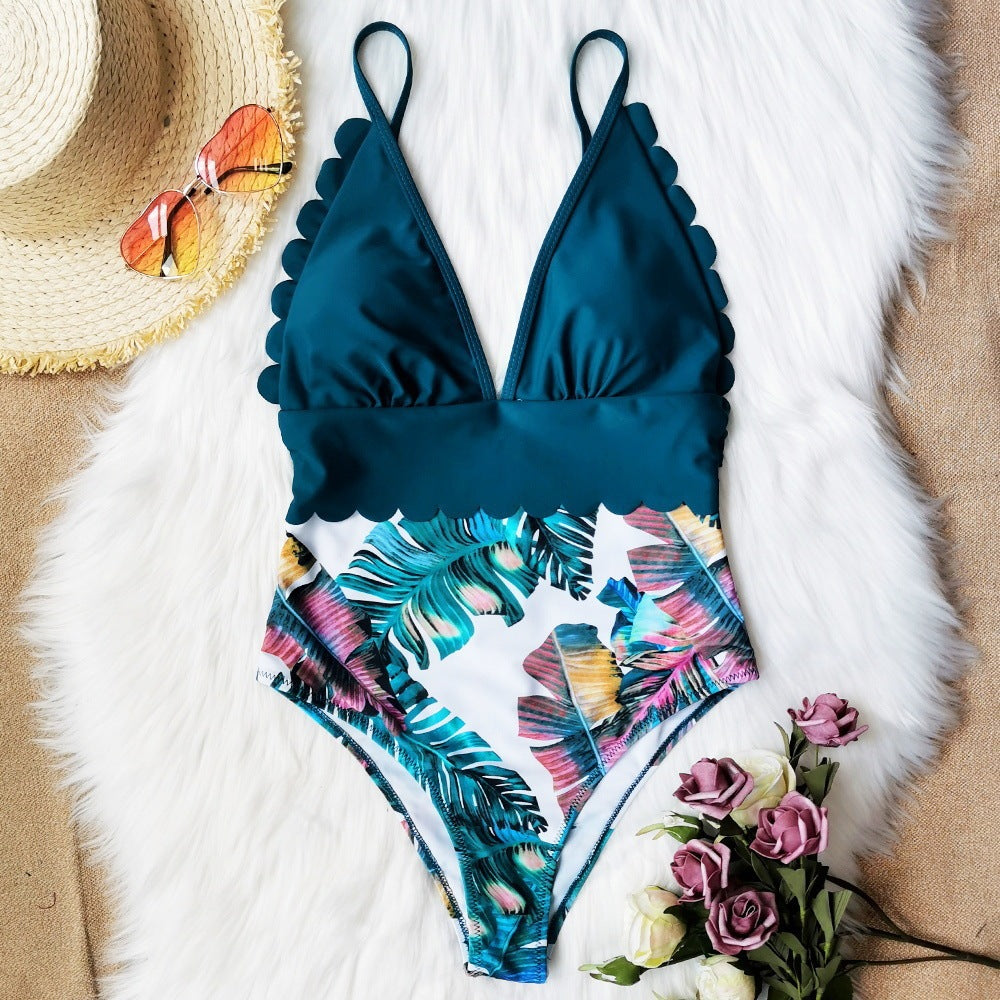 One-Piece Solid Top Colour with Tropical Print Bottoms Swimsuit