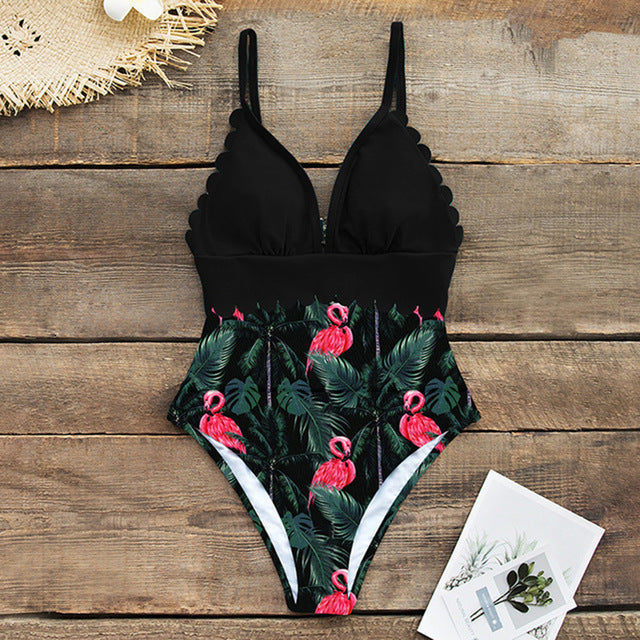 One-Piece Solid Top Colour with Tropical Print Bottoms Swimsuit
