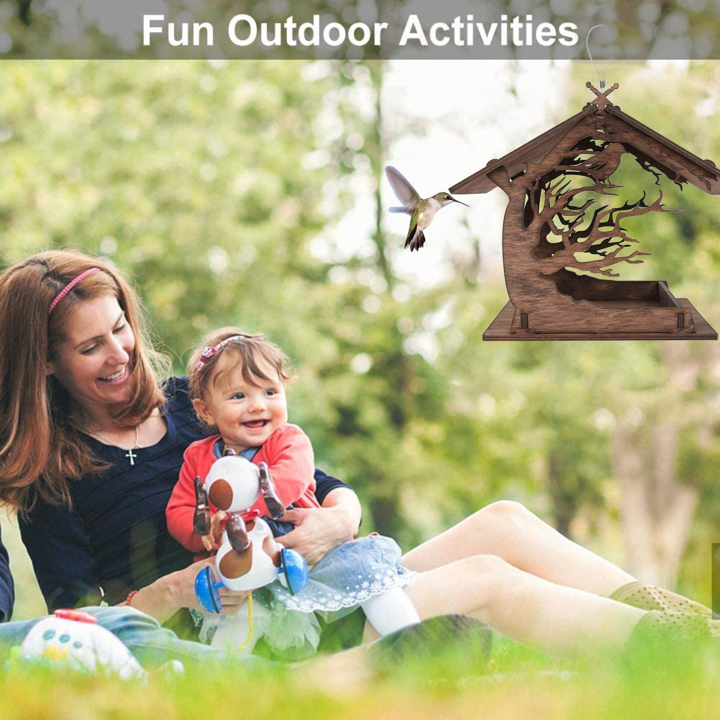 Hanging Bird Seed Tray Wooden Bird Feeder Outdoor Garden Decoration
