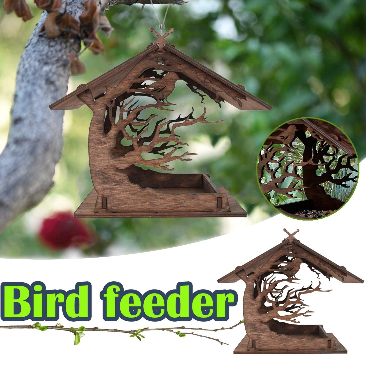 Hanging Bird Seed Tray Wooden Bird Feeder Outdoor Garden Decoration