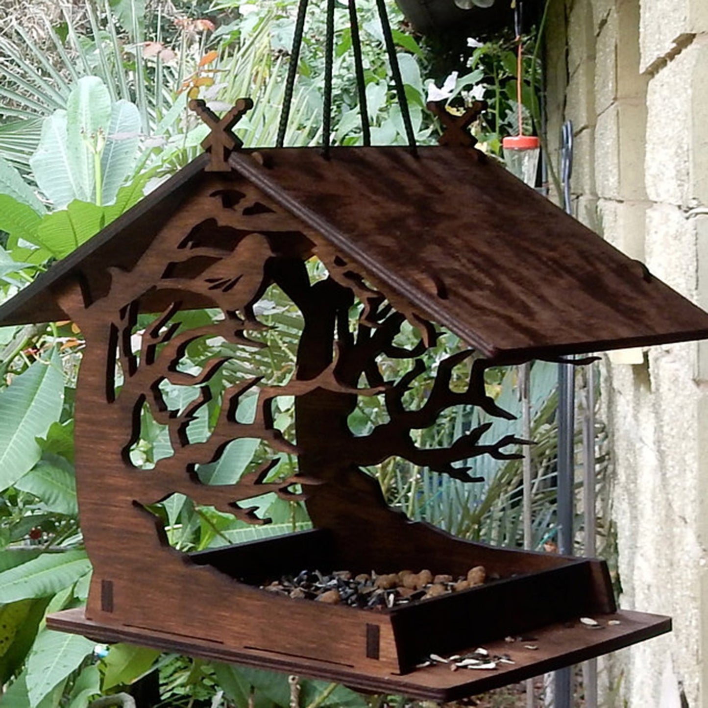 Hanging Bird Seed Tray Wooden Bird Feeder Outdoor Garden Decoration