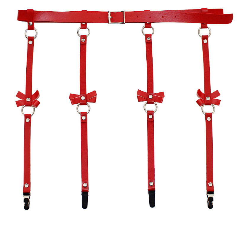 Cross border hot selling personality exaggeration European and American PU leather bow Garter Belt Hip Hop nightclub sexy leg ring hanger clip
