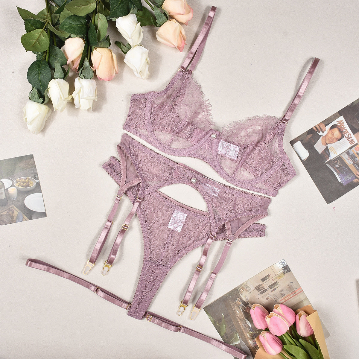 Pink See-through Lace Lingerie 4-piece Set | Also in White, Black or Red