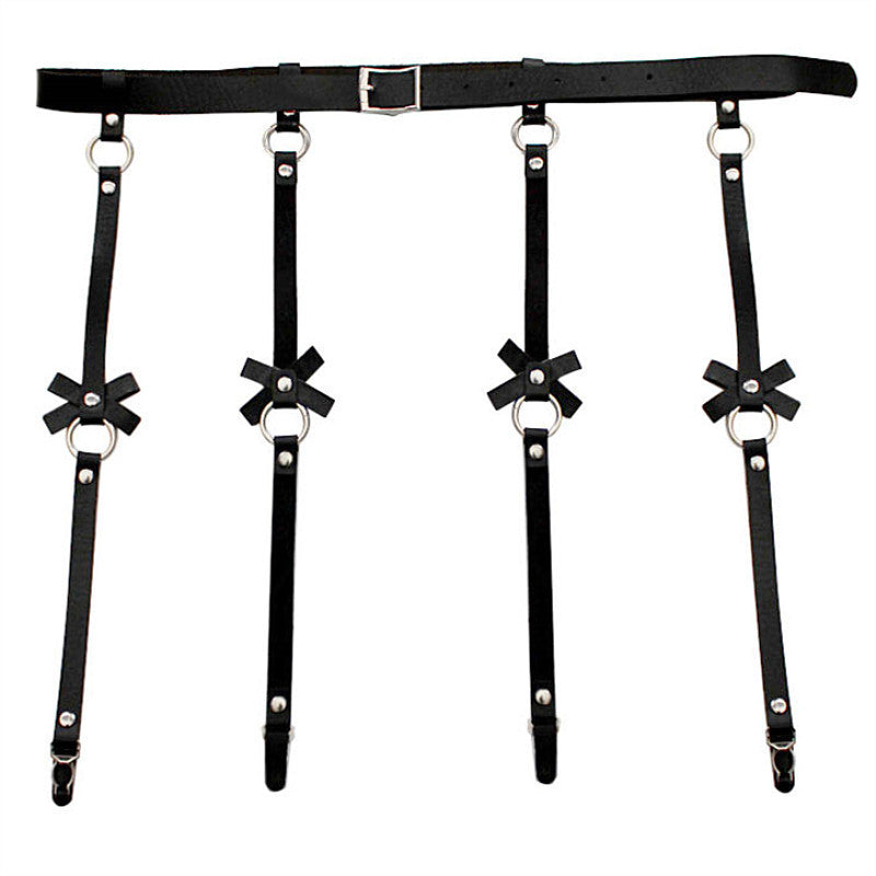 Cross border hot selling personality exaggeration European and American PU leather bow Garter Belt Hip Hop nightclub sexy leg ring hanger clip
