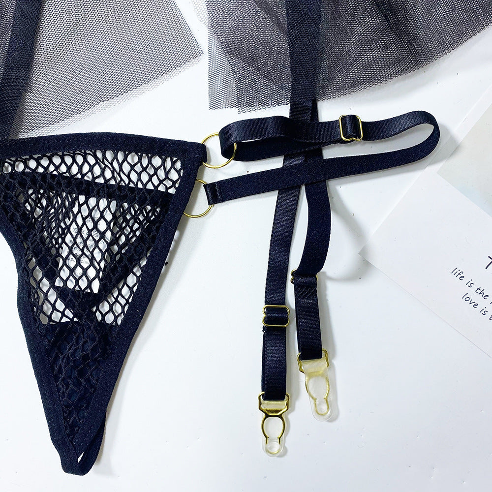 Women's Mesh Underwire Bra Lace Garter Thong Outfit