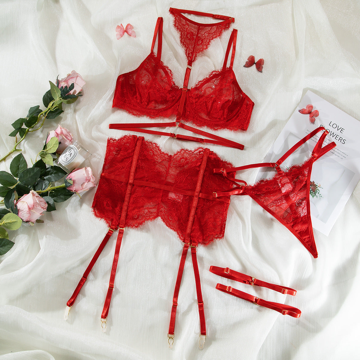 Three-piece Lace Eyelash Lace Fishbone Stitching Halter
