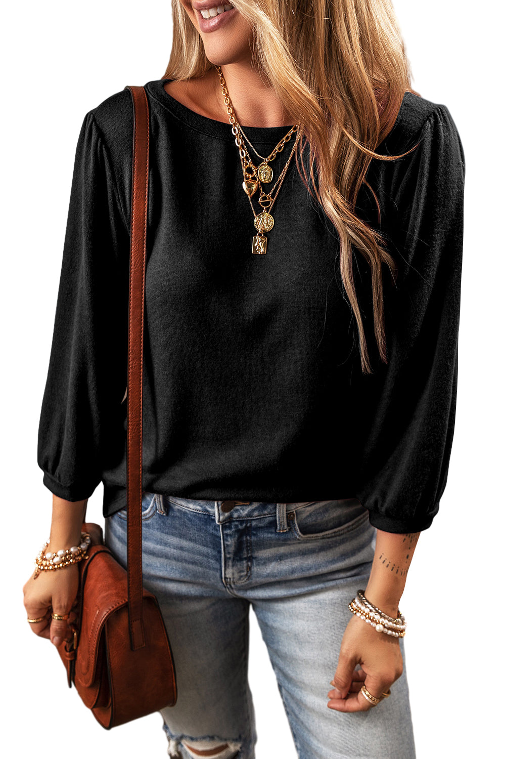 Solid Colour 3/4 Sleeve Round Neck Loose Fit Top | 3 Colour Choices