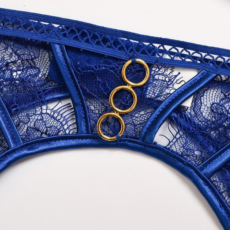 Sexy 3-Piece Blue Lace See Through Lingerie Set, Bra, Knickers and Garter with Ring Detailing