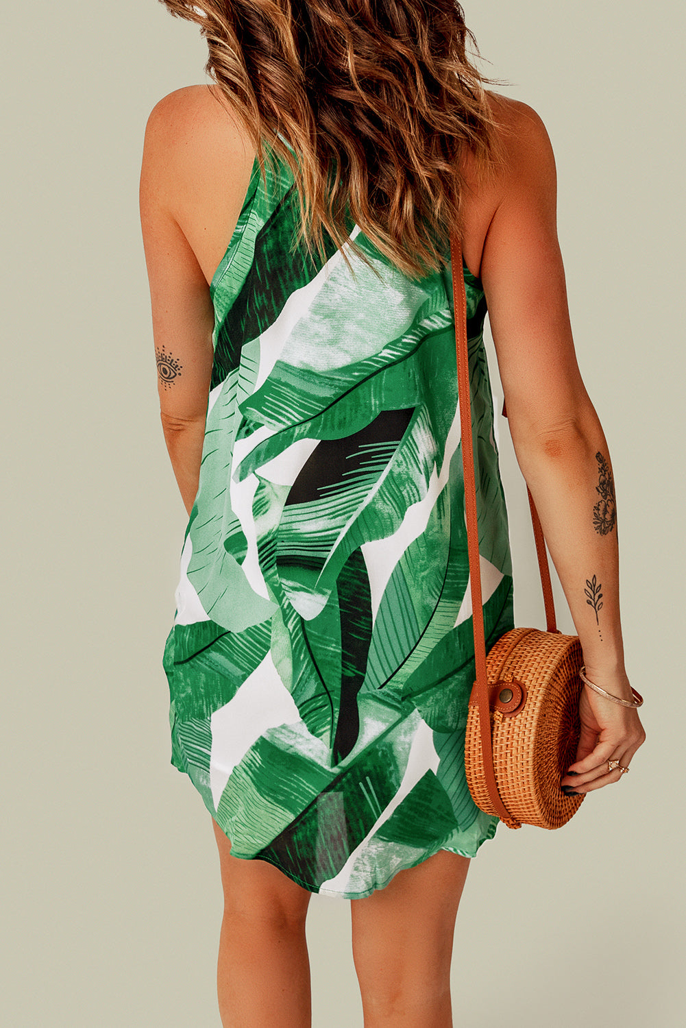 Green Leaf Print Sleeveless Dress
