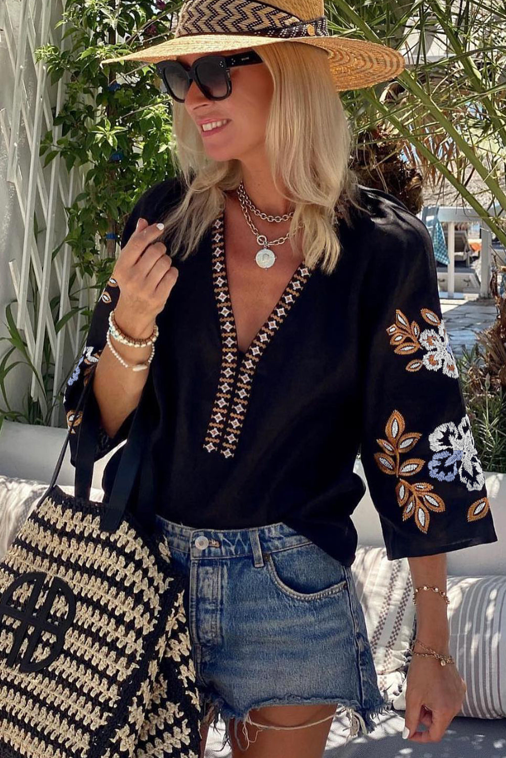 Black Bohemian Floral Embroidered V-Neck Blouse 100% Cotton Top