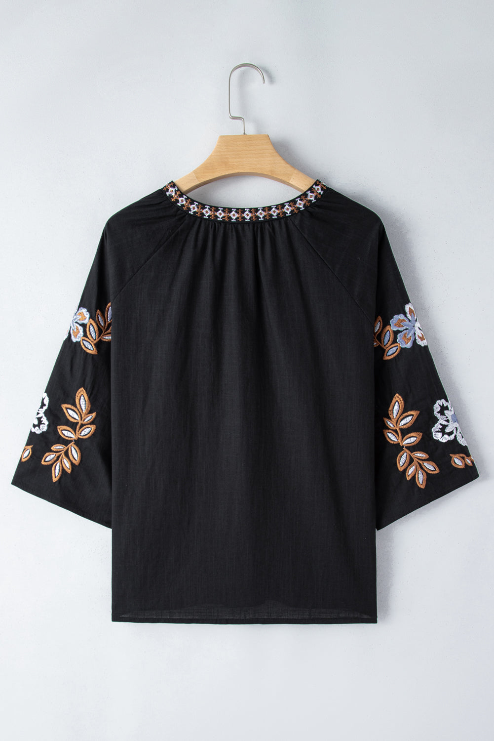 Black Bohemian Floral Embroidered V-Neck Blouse 100% Cotton Top