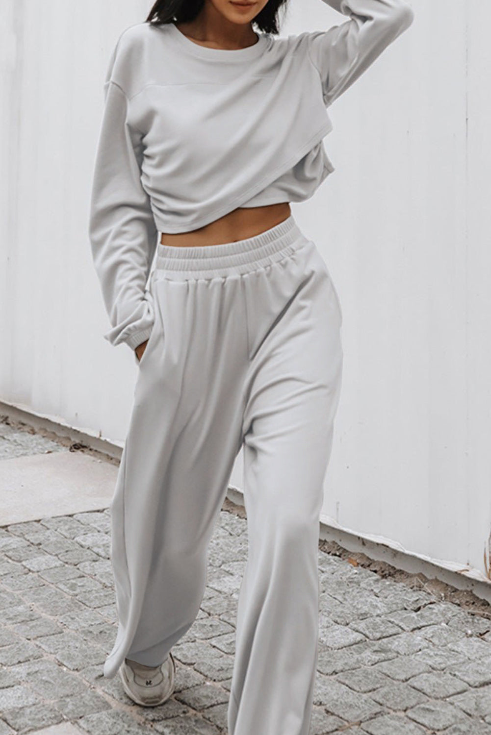 Cotton Blend Light Grey Solid Criss Cross Crop Top and Pants Active Set