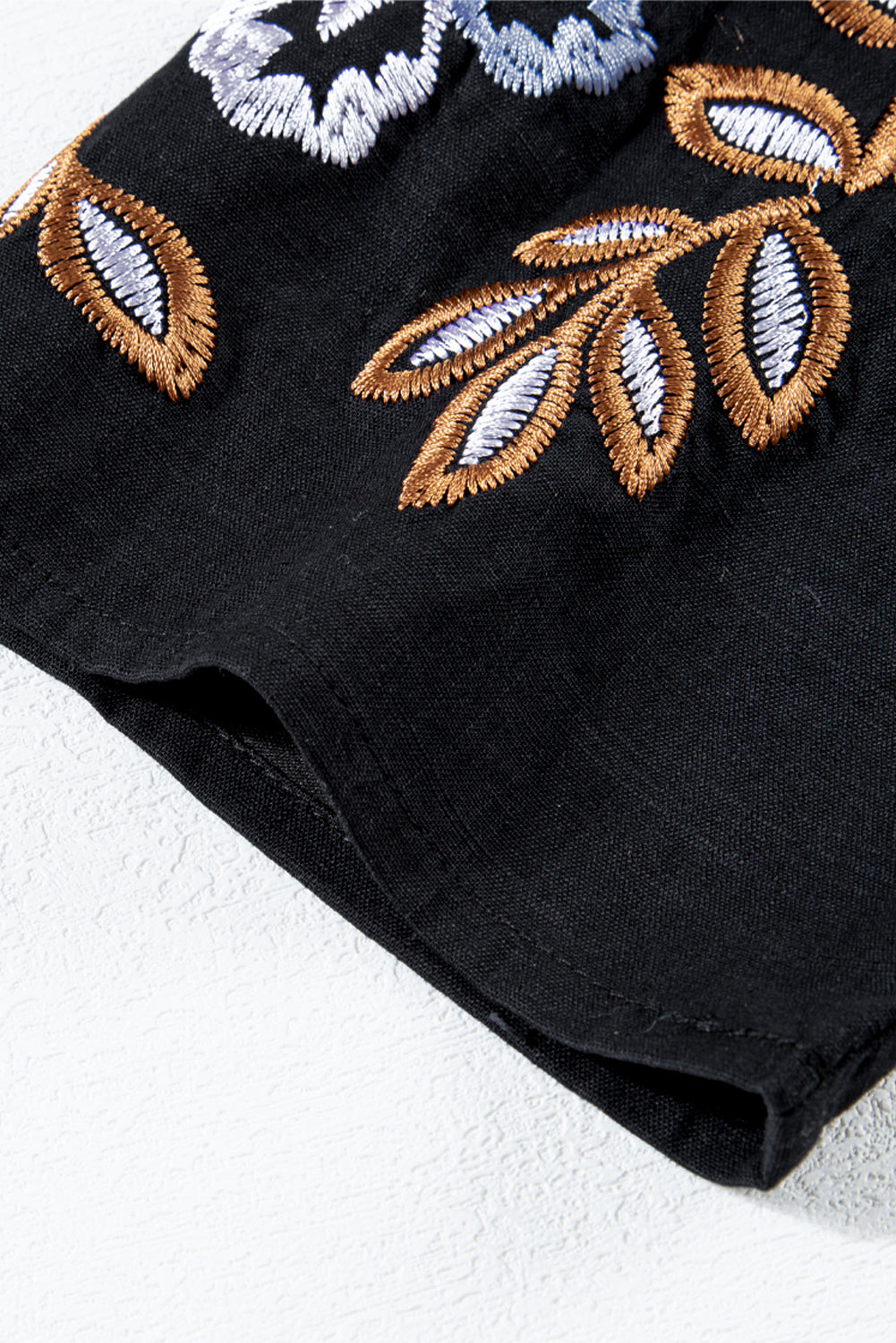 Black Bohemian Floral Embroidered V-Neck Blouse 100% Cotton Top