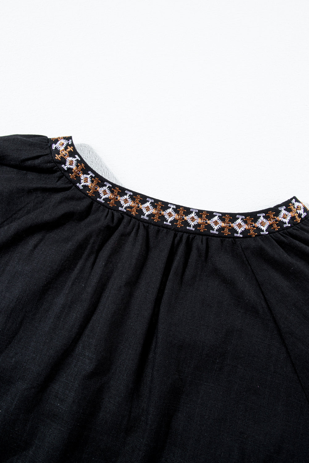 Black Bohemian Floral Embroidered V-Neck Blouse 100% Cotton Top