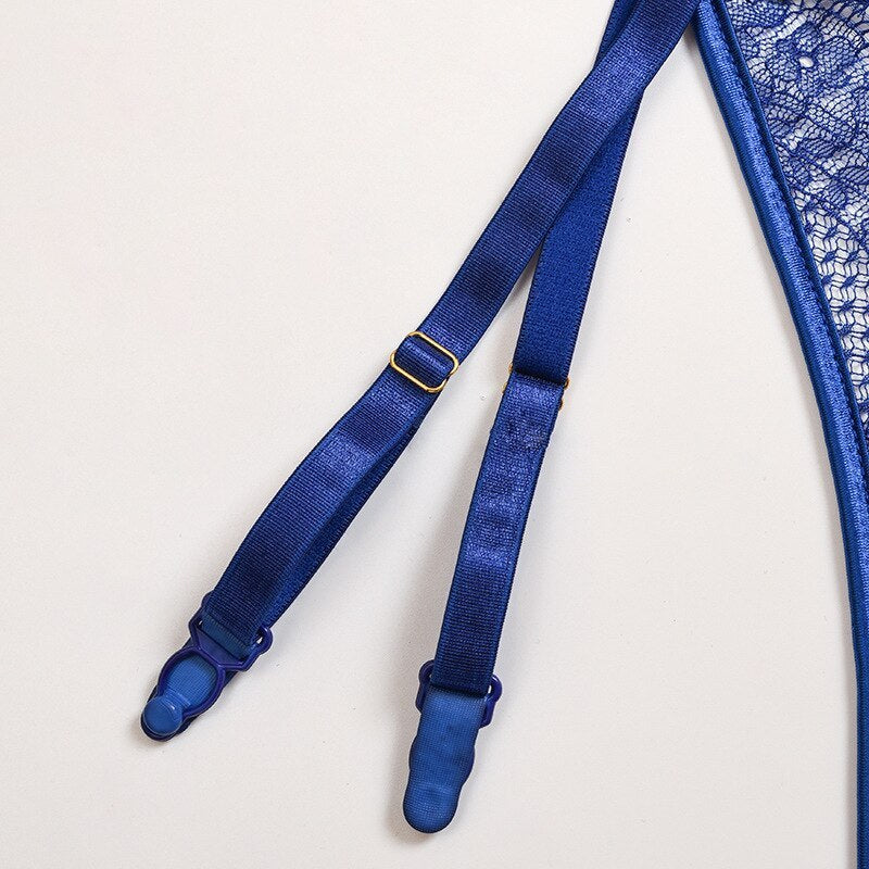 Sexy 3-Piece Blue Lace See Through Lingerie Set, Bra, Knickers and Garter with Ring Detailing