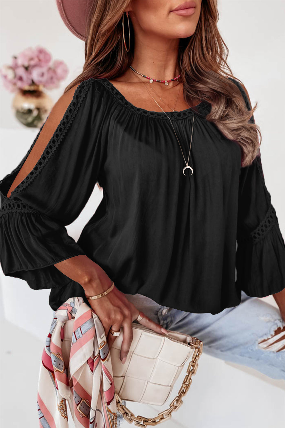 Lace Crochet Cut-Out Bracelet Sleeve Ruffle Blouse | 3 Colour Options
