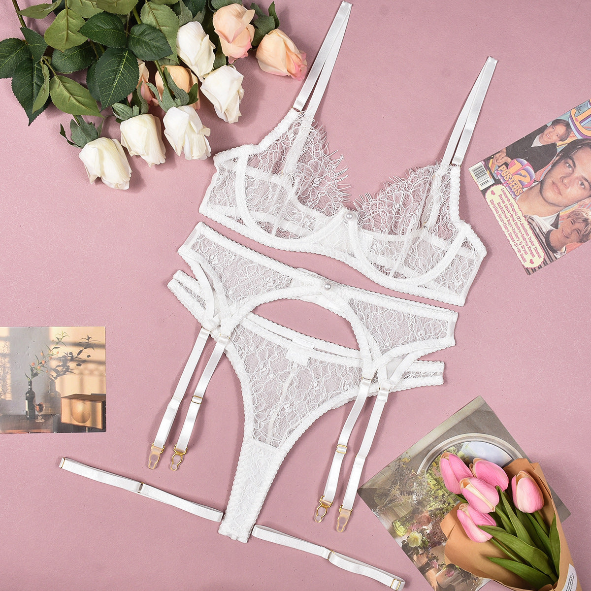 Pink See-through Lace Lingerie 4-piece Set | Also in White, Black or Red