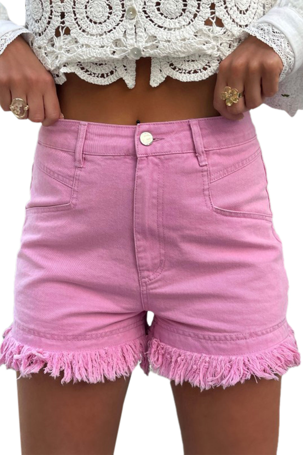 Pink Frayed Edge Mid Rise Denim Shorts 100% Cotton