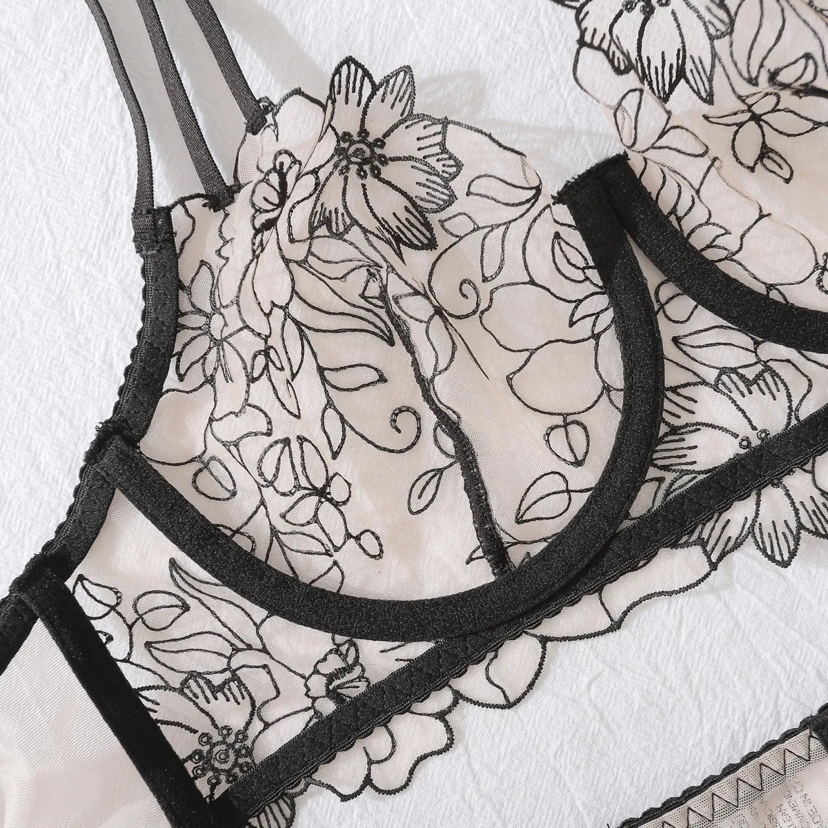 Cream and Black Embroidered Floral French Bridal Lingerie Set