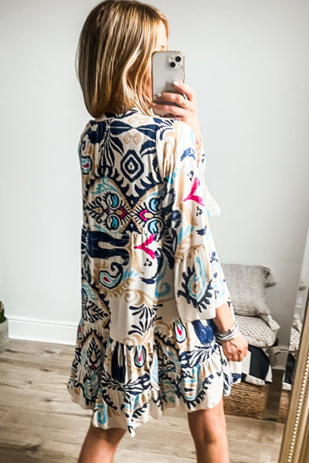 Bohemian Print Bracelet Sleeve Buttoned Mini Summer Dress
