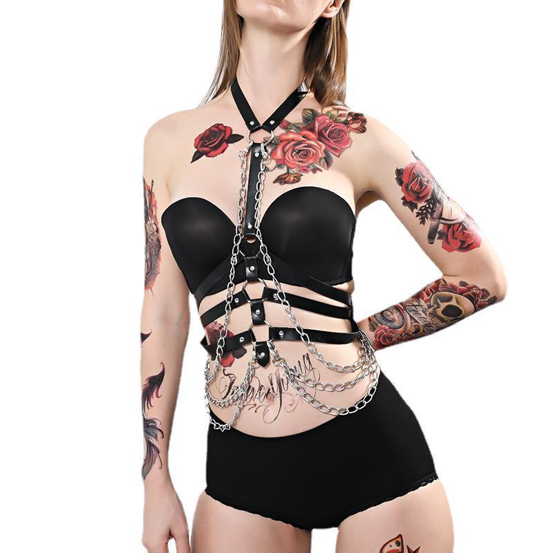Leather Bondage Halter Top with Stainless Steel O-Rings and Chains