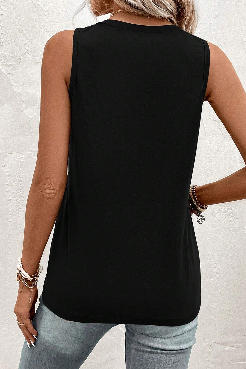 Cotton Blend Jungle Green Half Button V Neck Patched Pocket Tank Top
