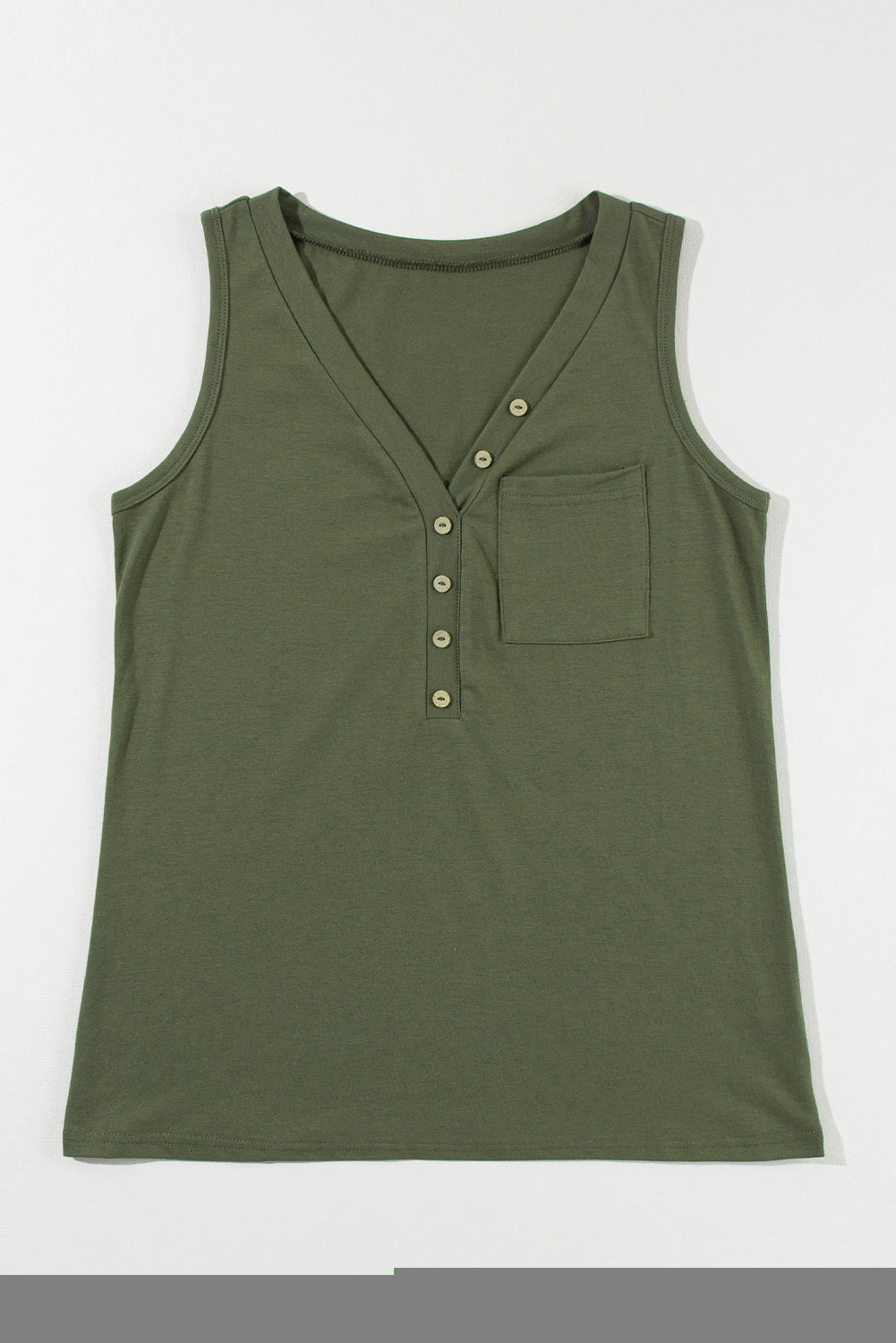 Cotton Blend Jungle Green Half Button V Neck Patched Pocket Tank Top