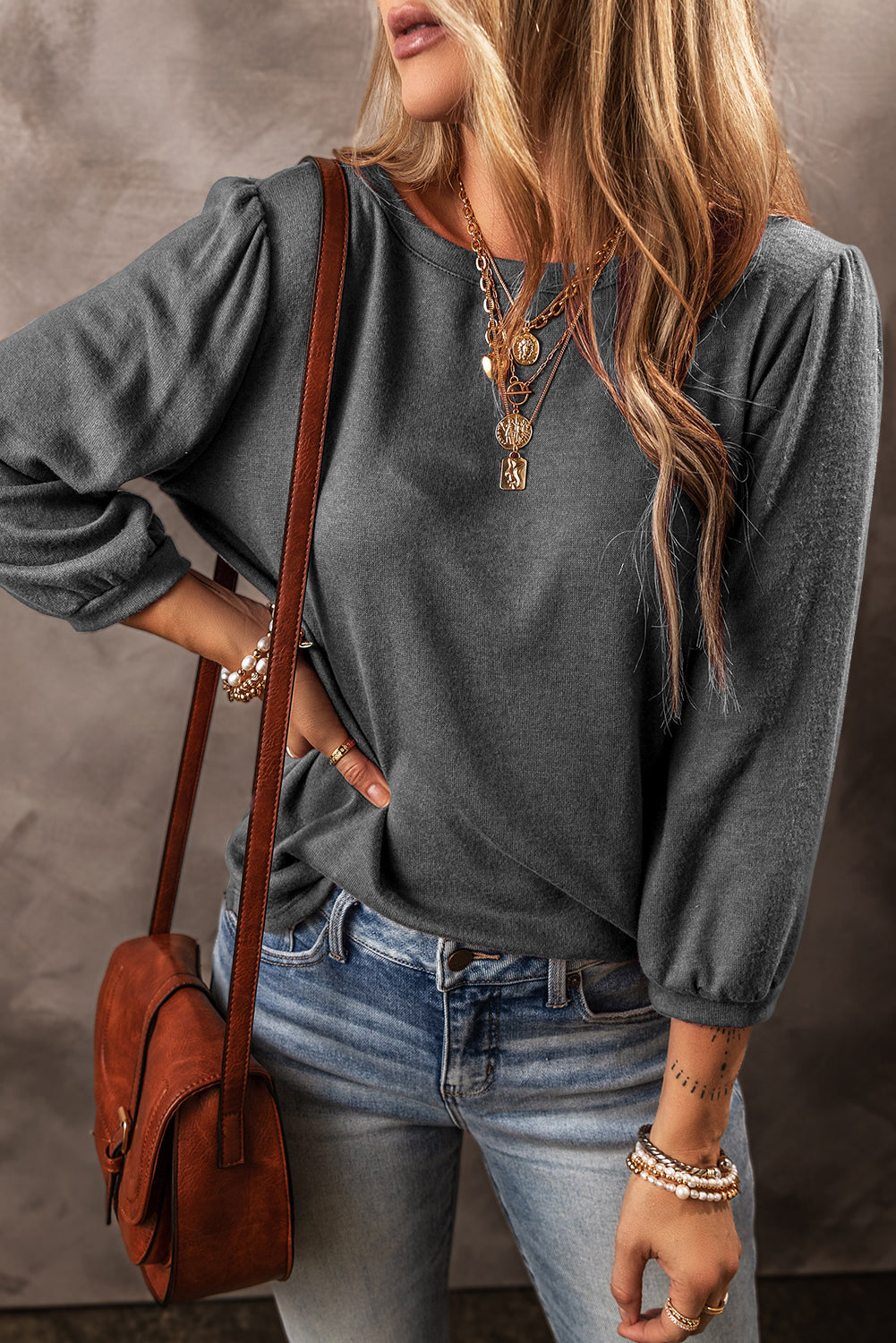 Solid Colour 3/4 Sleeve Round Neck Loose Fit Top | 3 Colour Choices