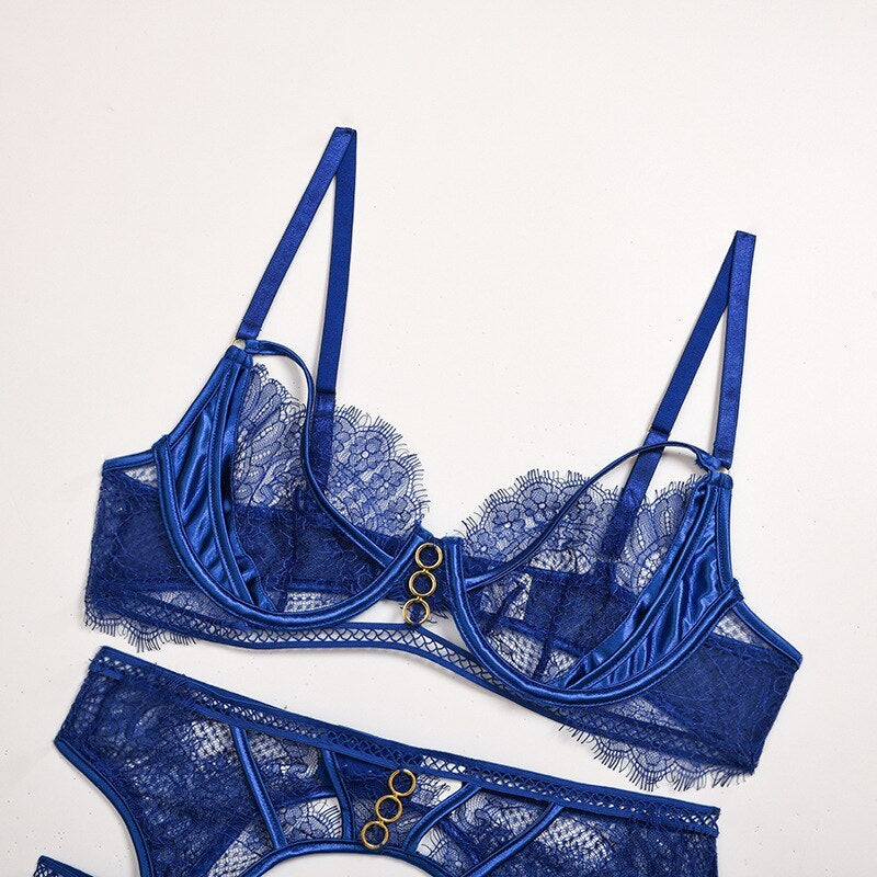 Sexy 3-Piece Blue Lace See Through Lingerie Set, Bra, Knickers and Garter with Ring Detailing
