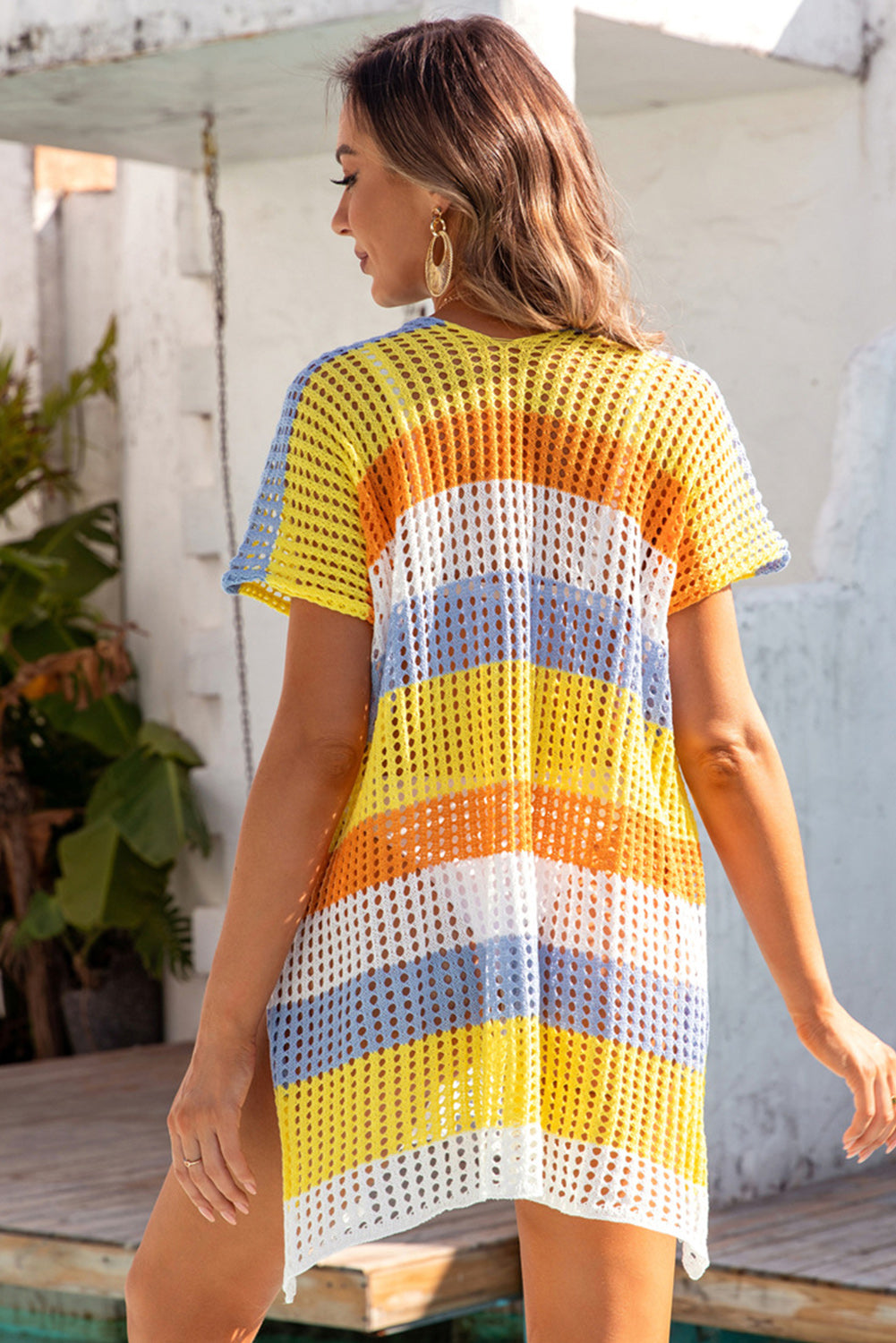 Striped Hollow Out Crochet Knit V Neck Tunic Beach Cover Up | 2 Colour Options