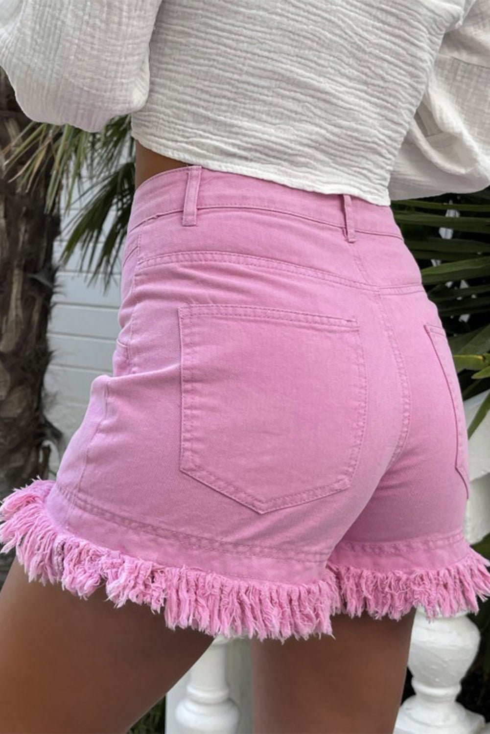 Pink Frayed Edge Mid Rise Denim Shorts 100% Cotton