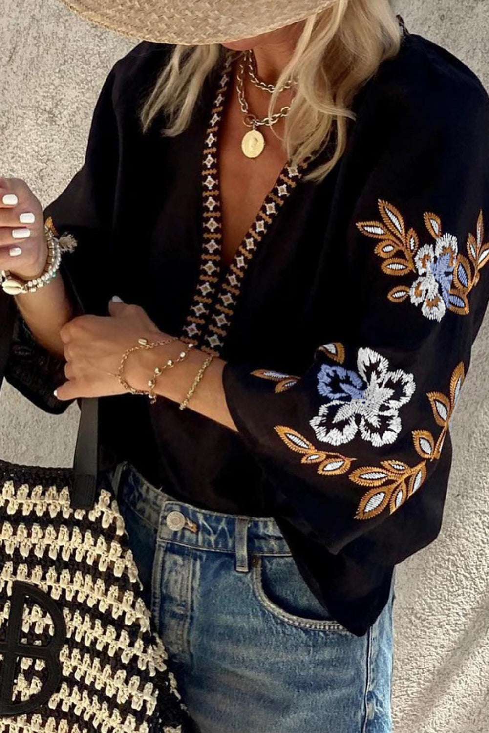 Black Bohemian Floral Embroidered V-Neck Blouse 100% Cotton Top