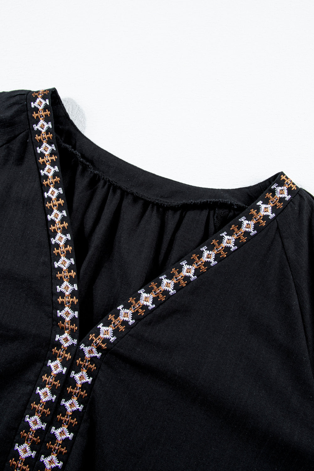 Black Bohemian Floral Embroidered V-Neck Blouse 100% Cotton Top