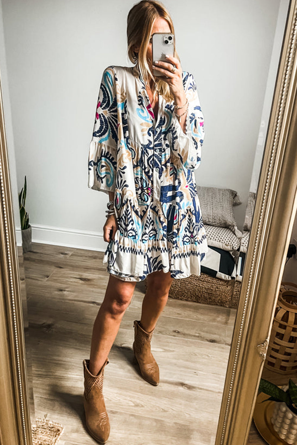 Bohemian Print Bracelet Sleeve Buttoned Mini Summer Dress
